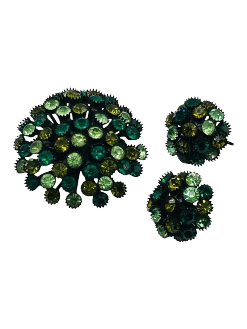 Vintage Green Rhinestone Atomic Age Brooch Earring Set